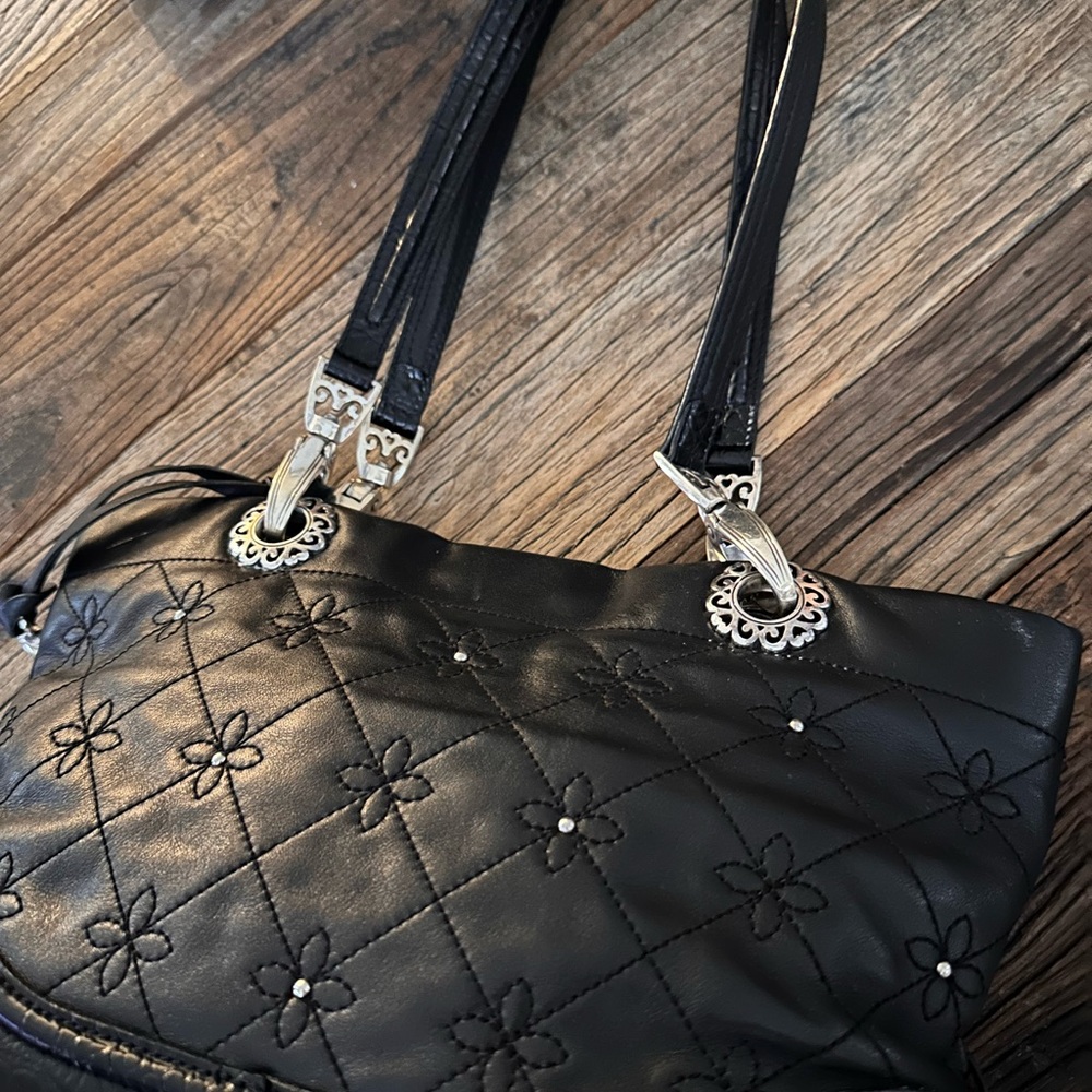 Black Quilted Floral Shoulder Bag with Silver-Tone Details